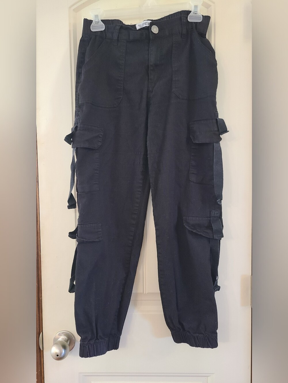 Telepatia Black Utility Cargo Jogger Style Jeans with Strap Details - Size 7/28